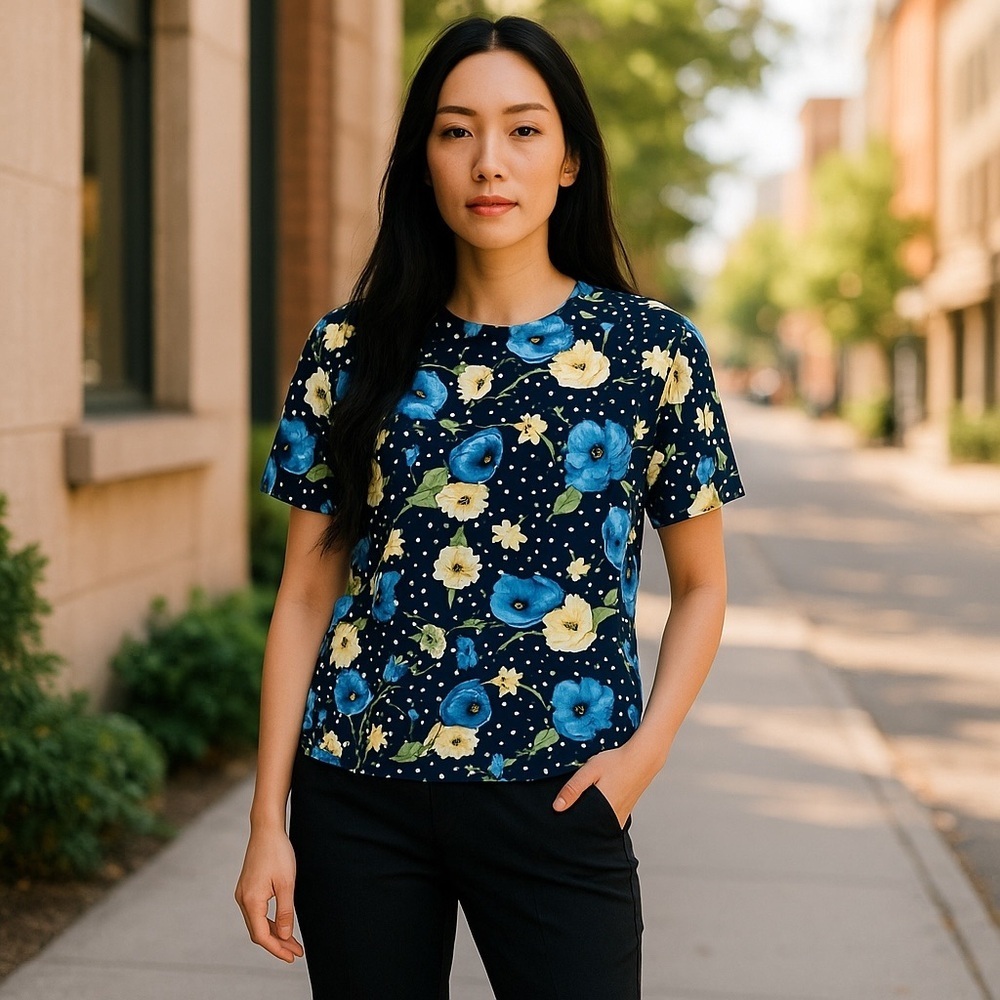 LIZ BAKER Women’s Petite Size M Black Floral Vintage Short Sleeve Blouse